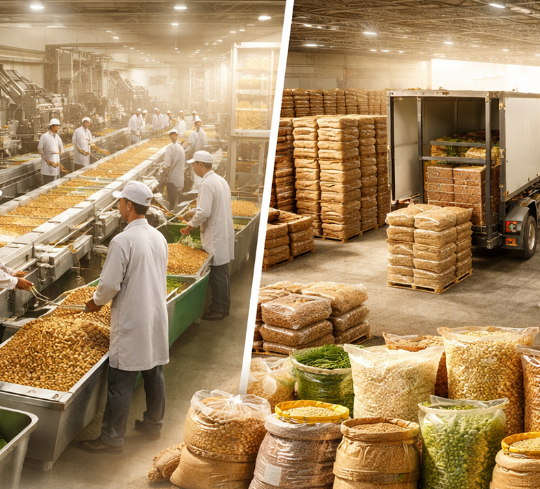 Processing line and warehouse storage of makahana