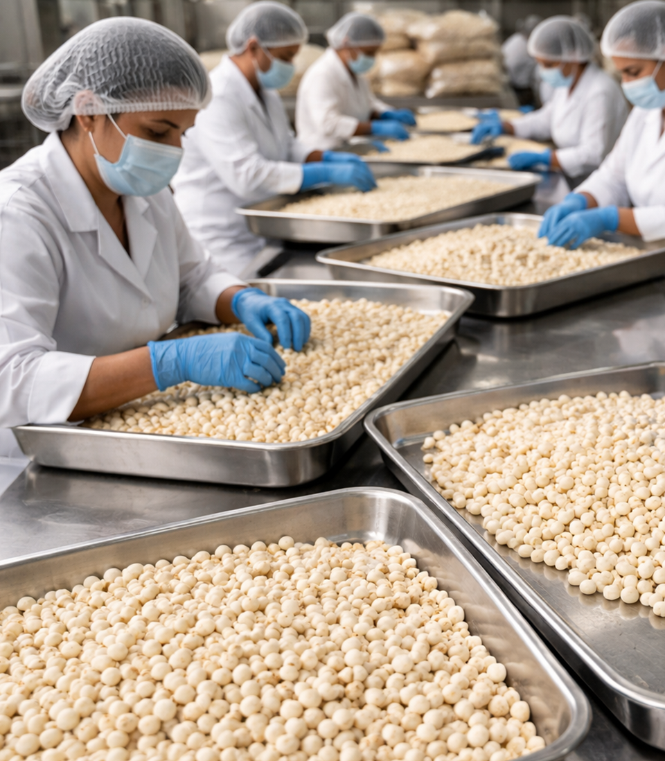 Team processing and packing makahana under strict hygiene standards