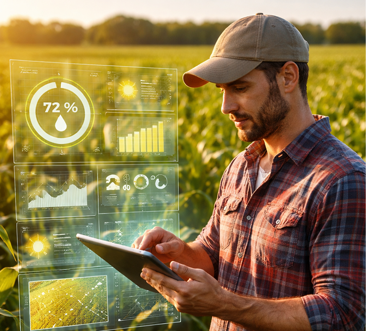 Farmer reviewing agritech data overlays on a tablet in the field
