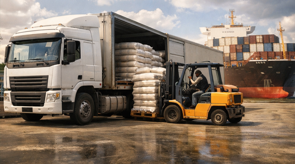 Logistics truck loading makahana for bulk delivery