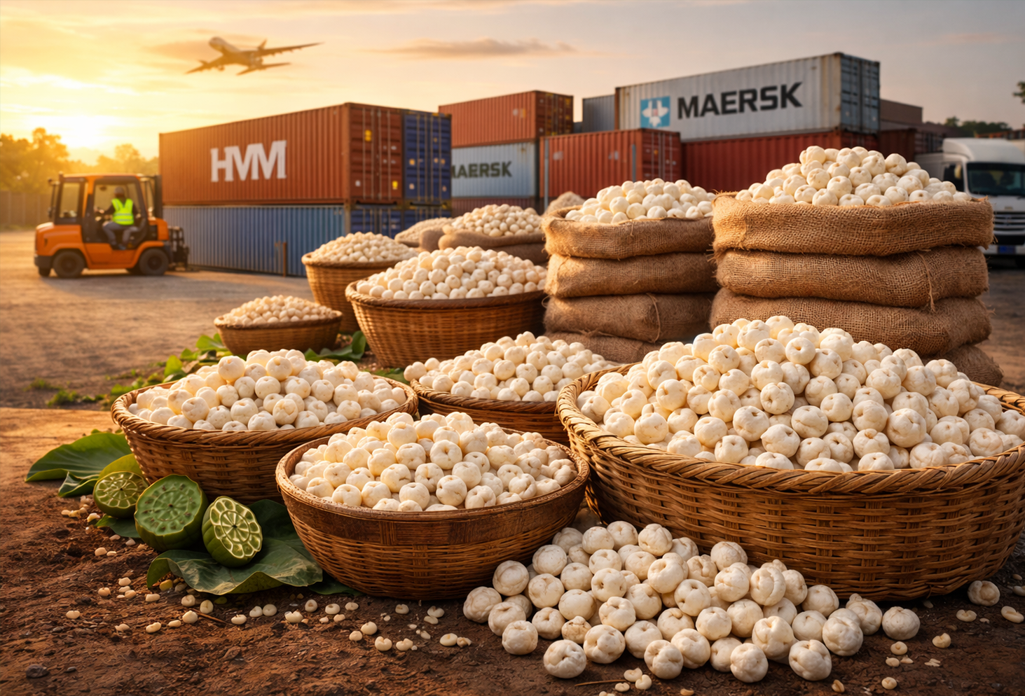 Export containers and baskets of makahana ready for shipment